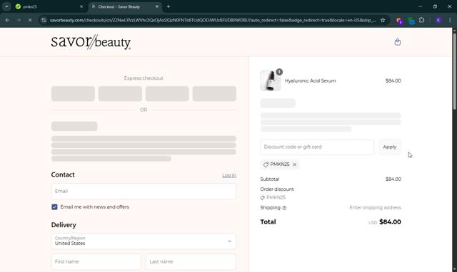 Savor Beauty checkout page showing Savor Beauty discount code box | Screenshot taken by SimplyCodes community member on Apr 30, 2025