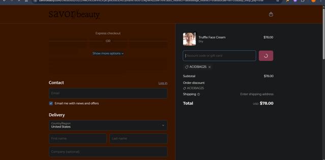 Savor Beauty checkout page showing Savor Beauty discount code box | Screenshot taken by SimplyCodes community member on Apr 8, 2025