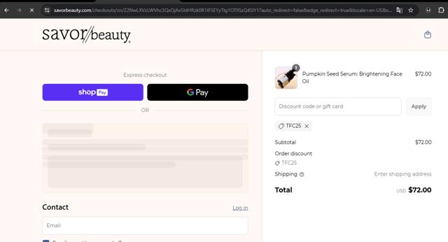 Savor Beauty checkout page showing Savor Beauty discount code box | Screenshot taken by SimplyCodes community member on May 30, 2025