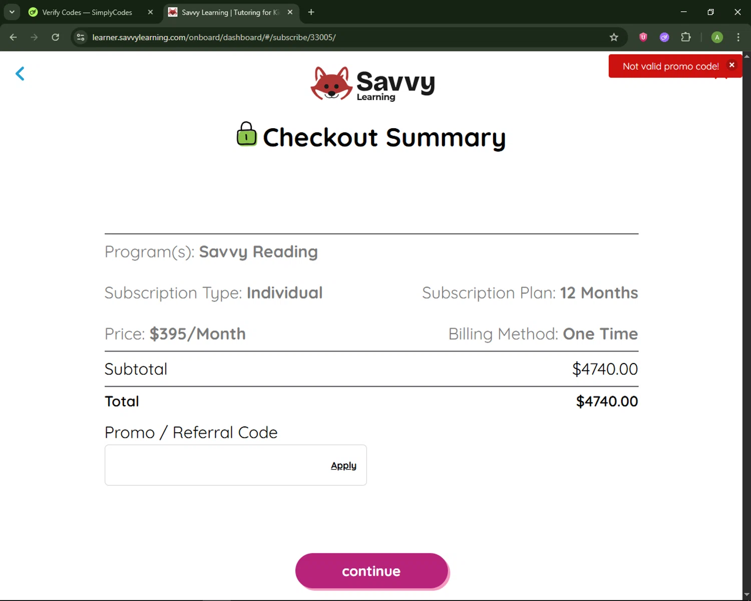 Savvy Learning promo code screenshot showing code LEARNSAVVY applied at Savvy Learning checkout page. Uploaded by SimplyCodes community member MagnificentSaver708 on Mar 27, 2026