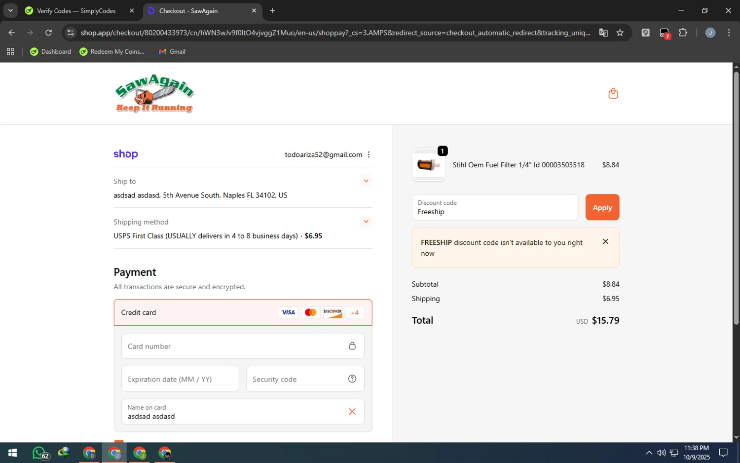 SawAgain coupon code screenshot showing code Freeship applied at SawAgain checkout page. Uploaded by SimplyCodes community member MarkGrayson on Oct 10, 2025