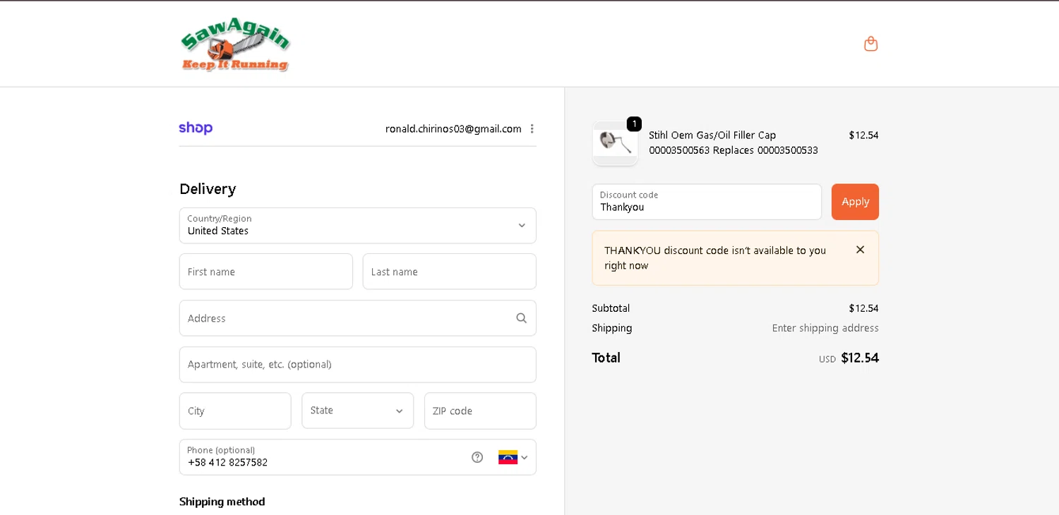 SawAgain coupon code screenshot showing code Thankyou applied at SawAgain checkout page. Uploaded by SimplyCodes community member CleverGenius9882 on Dec 15, 2025