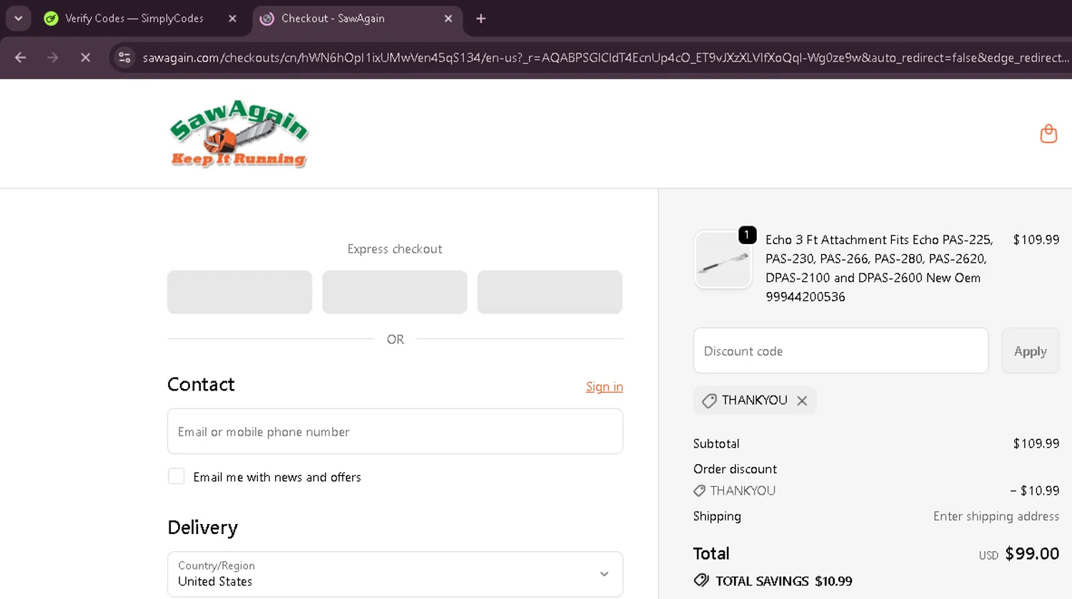 SawAgain coupon code screenshot showing code Thankyou applied at SawAgain checkout page. Uploaded by SimplyCodes community member EnmanuelEDITOR on Dec 21, 2025