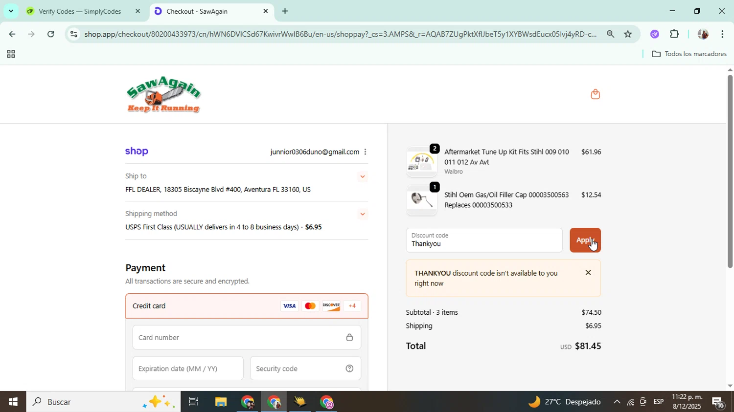 SawAgain coupon code screenshot showing code Thankyou applied at SawAgain checkout page. Uploaded by SimplyCodes community member Mujerdejunnior on Dec 9, 2025