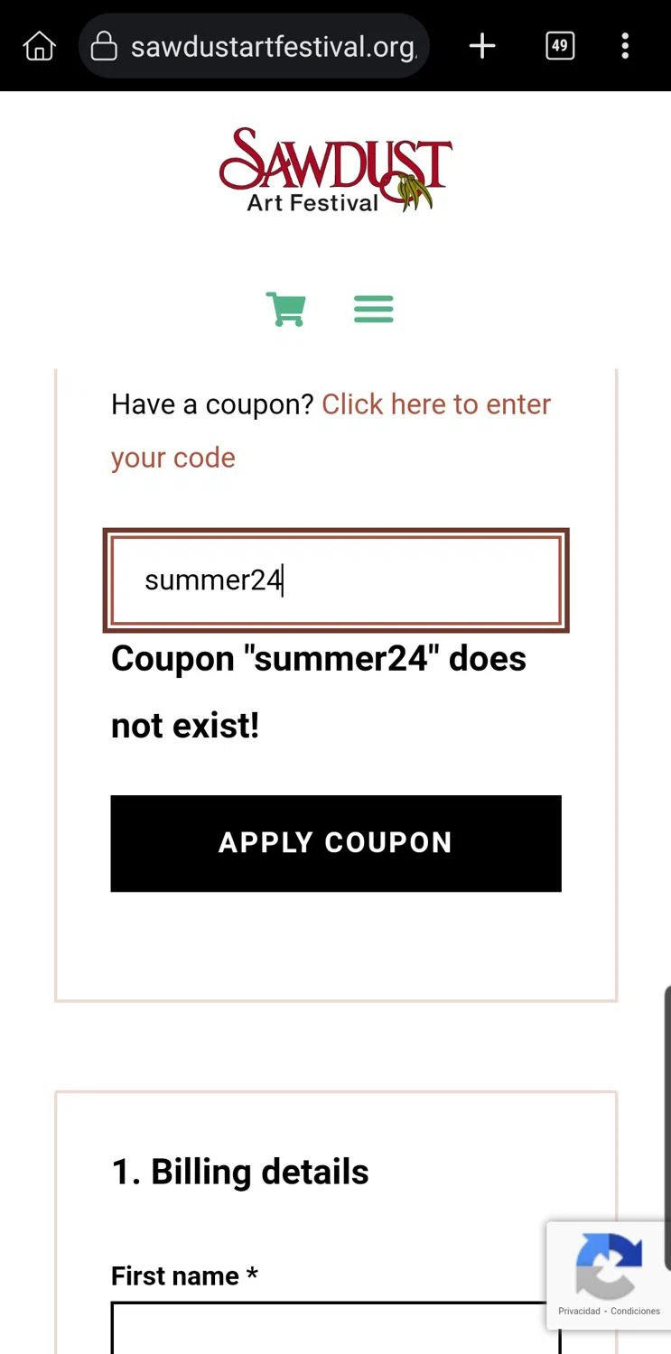 Sawdust Art Festival coupon code screenshot showing code summer24 applied at Sawdust Art Festival checkout page. Uploaded by SimplyCodes community member Carloslvz on Jul 1, 2025