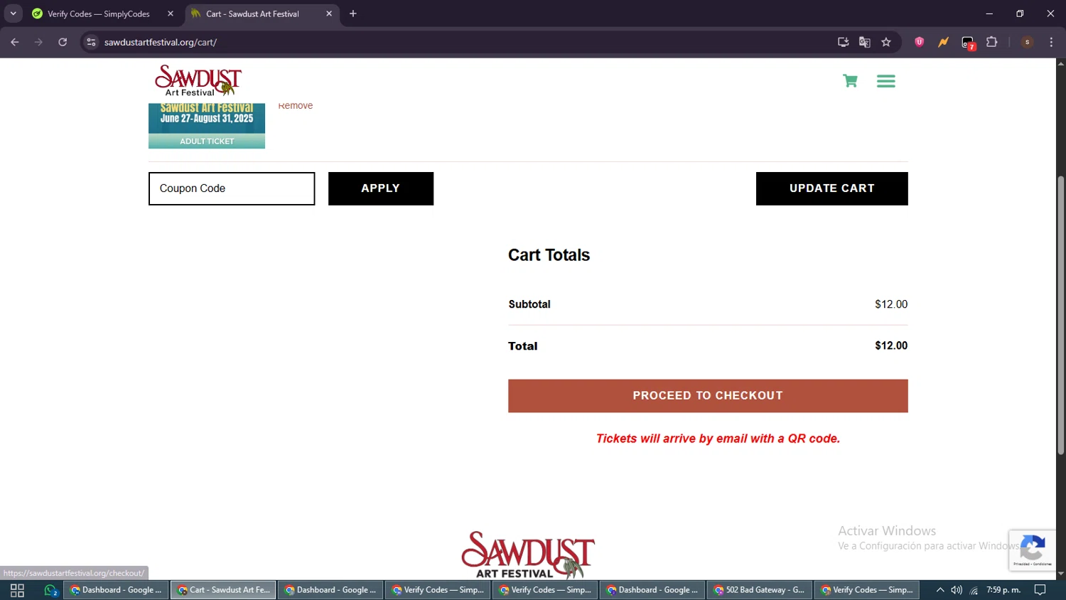 Sawdust Art Festival coupon code screenshot showing code summer24 applied at Sawdust Art Festival checkout page. Uploaded by SimplyCodes community member GoldSentinel1426 on Jul 1, 2025
