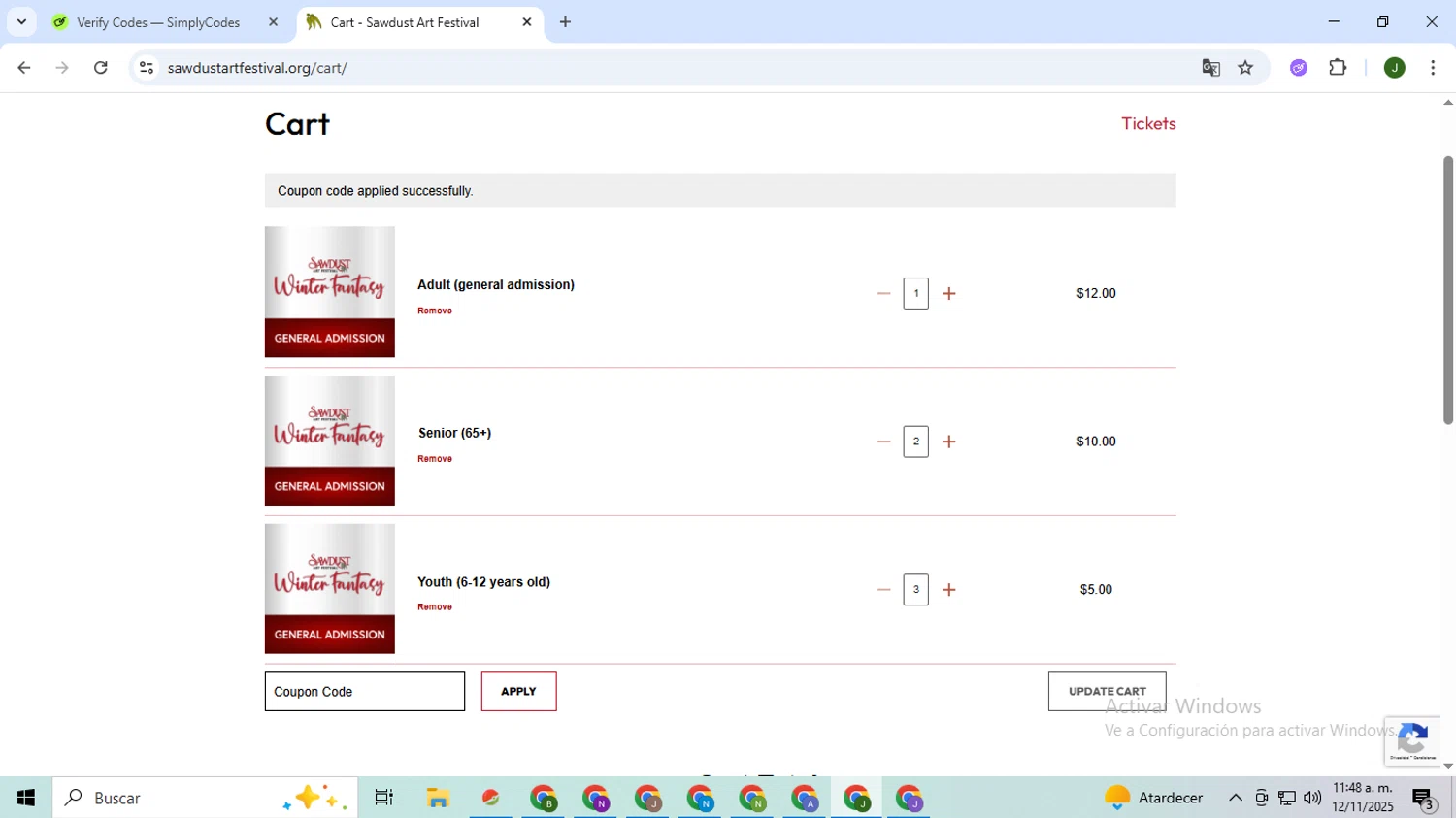 Sawdust Art Festival checkout page showing Sawdust Art Festival coupon code box | Screenshot taken by SimplyCodes community member on Nov 12, 2025