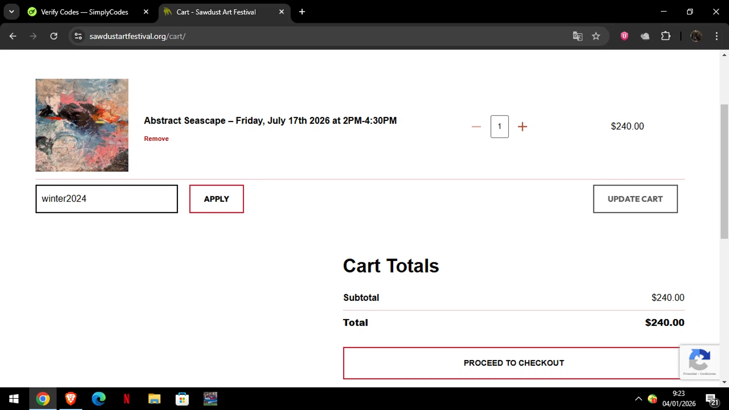 Sawdust Art Festival coupon code screenshot showing code winter2024 applied at Sawdust Art Festival checkout page. Uploaded by SimplyCodes community member ELYEYE on Jan 4, 2026