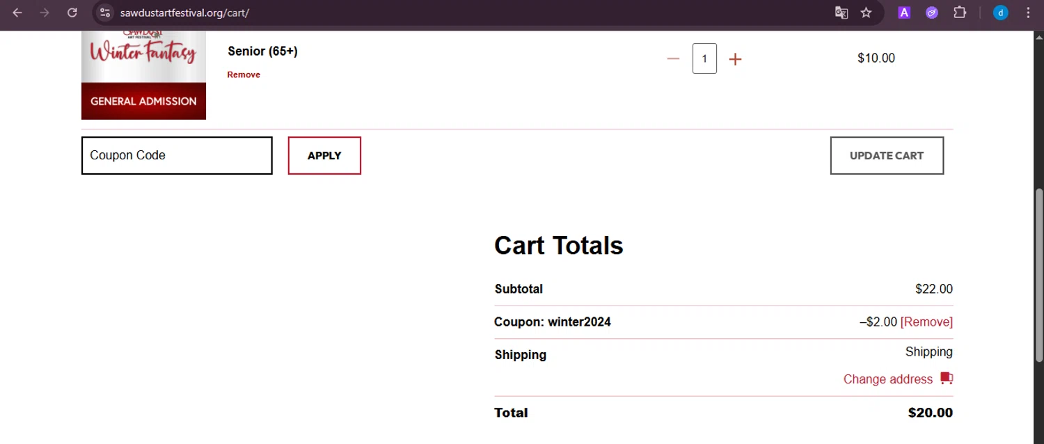 Sawdust Art Festival coupon code screenshot showing code winter2024 applied at Sawdust Art Festival checkout page. Uploaded by SimplyCodes community member ShieldKnight4744 on Dec 6, 2025