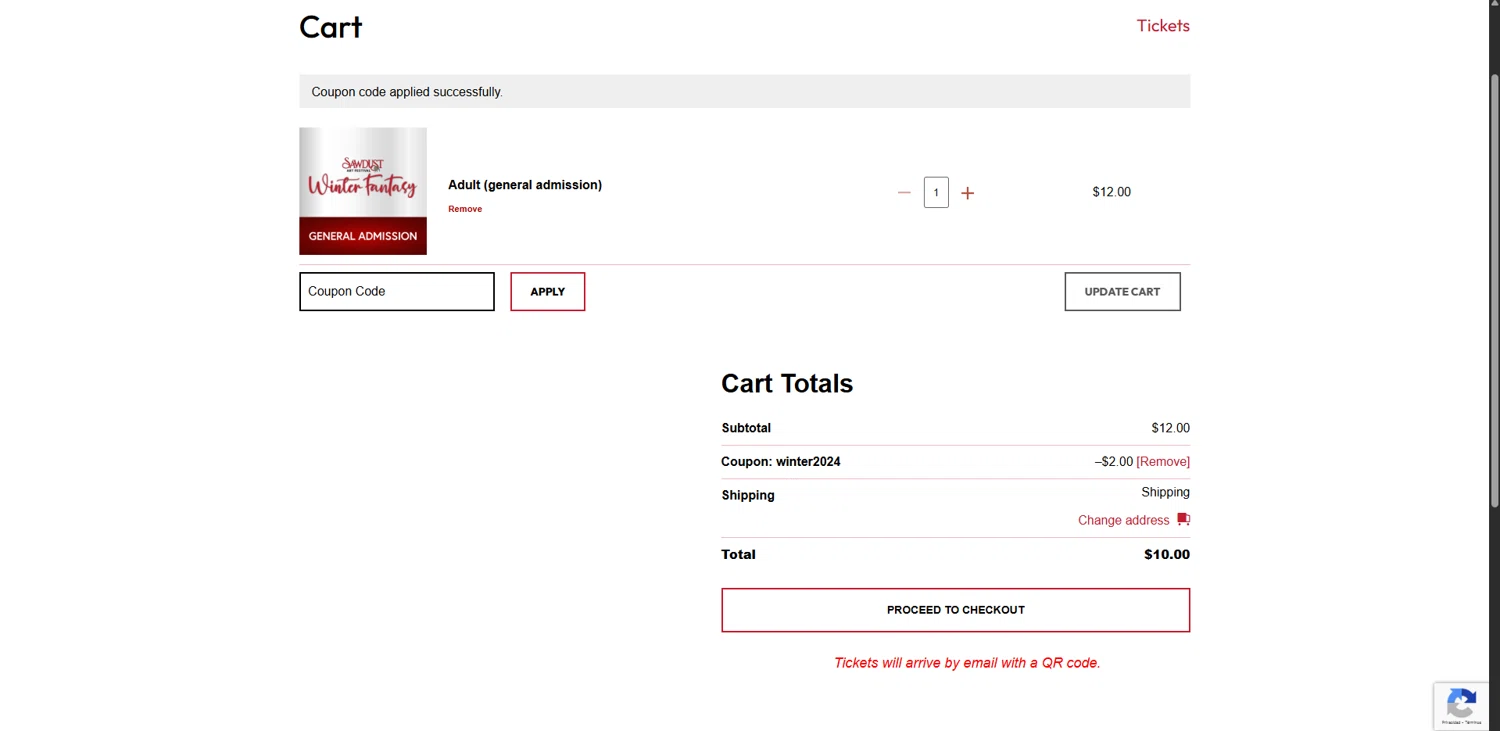 Sawdust Art Festival coupon code screenshot showing code winter2024 applied at Sawdust Art Festival checkout page. Uploaded by SimplyCodes community member ValiantSleuth7563 on Nov 28, 2025