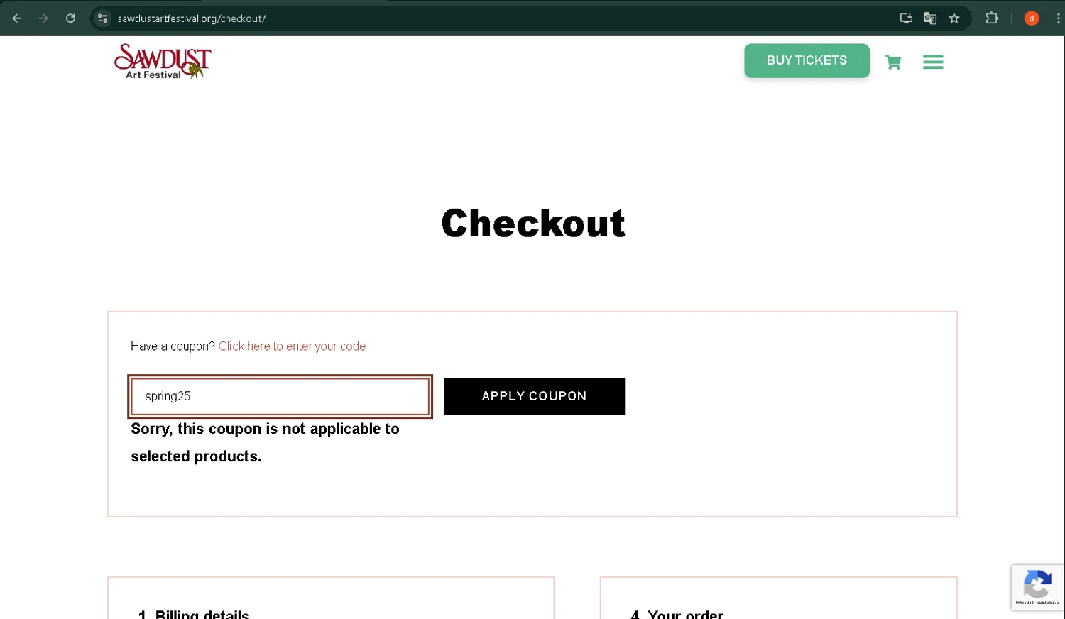 Sawdust Art Festival coupon code screenshot showing code spring25 applied at Sawdust Art Festival checkout page. Uploaded by SimplyCodes community member VictoriaMoyeda on Jun 1, 2025