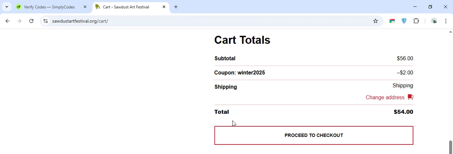 Sawdust Art Festival coupon code screenshot showing code winter2025 applied at Sawdust Art Festival checkout page. Uploaded by SimplyCodes community member Paolita on Nov 12, 2025