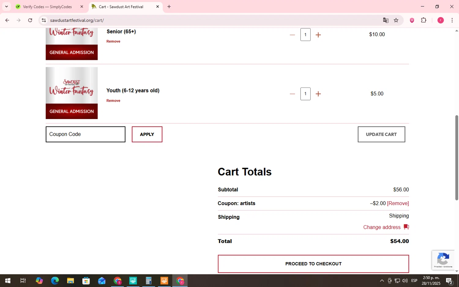 Sawdust Art Festival coupon code screenshot showing code ARTISTS applied at Sawdust Art Festival checkout page. Uploaded by SimplyCodes community member LegendaryWhiz3517 on Nov 28, 2025
