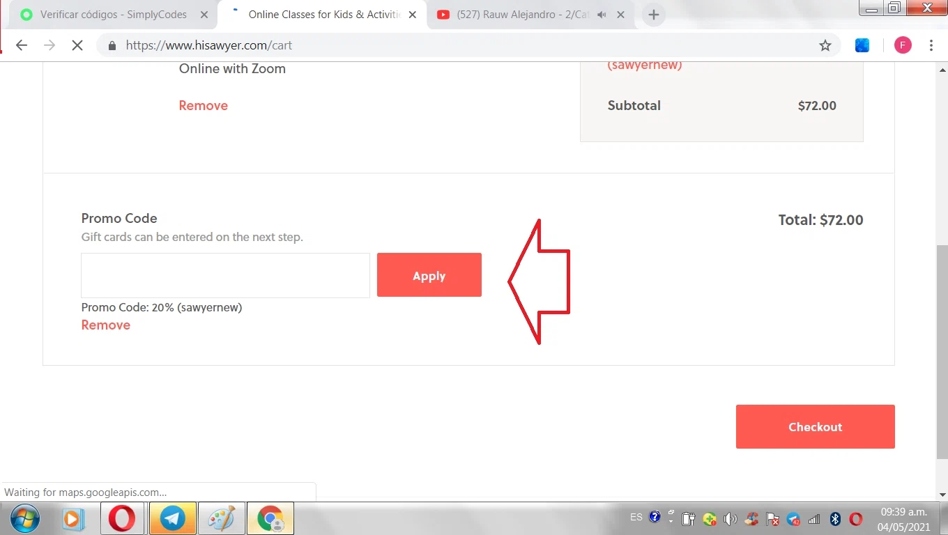 Sawyer Kids checkout page showing Sawyer Kids promo code box | Screenshot taken by SimplyCodes community member on May 3, 2021