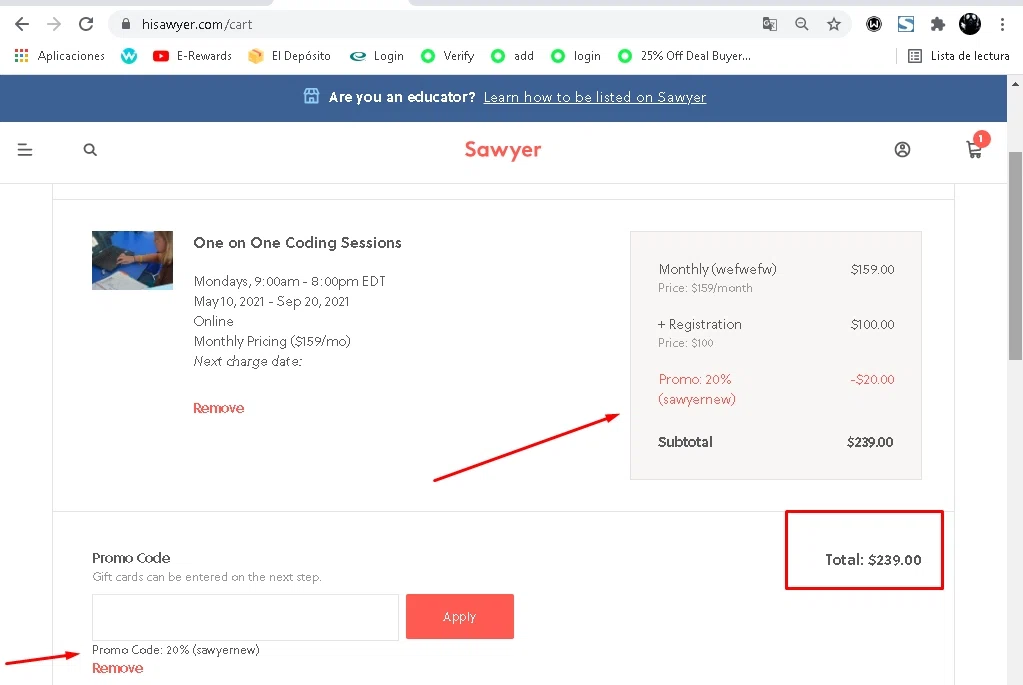 Sawyer Kids checkout page showing Sawyer Kids promo code box | Screenshot taken by SimplyCodes community member on Sep 6, 2021