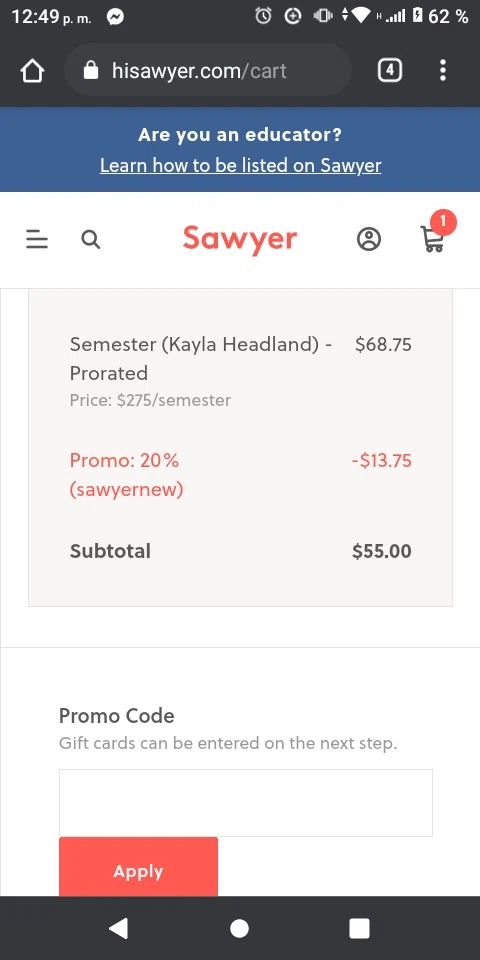 Sawyer Kids checkout page showing Sawyer Kids promo code box | Screenshot taken by SimplyCodes community member on Aug 8, 2021
