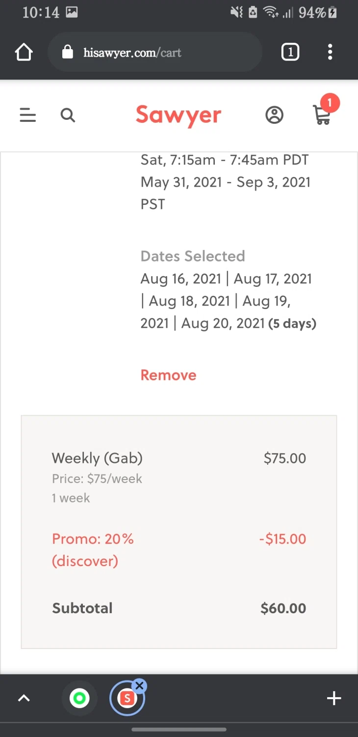 Sawyer Kids checkout page showing Sawyer Kids promo code box | Screenshot taken by SimplyCodes community member on Aug 10, 2021