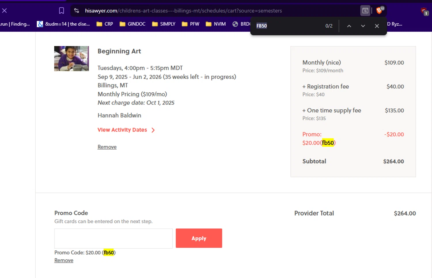 Sawyer Kids promo code screenshot showing code FB50 applied at Sawyer Kids checkout page. Uploaded by SimplyCodes community member RickhiK on Aug 24, 2025