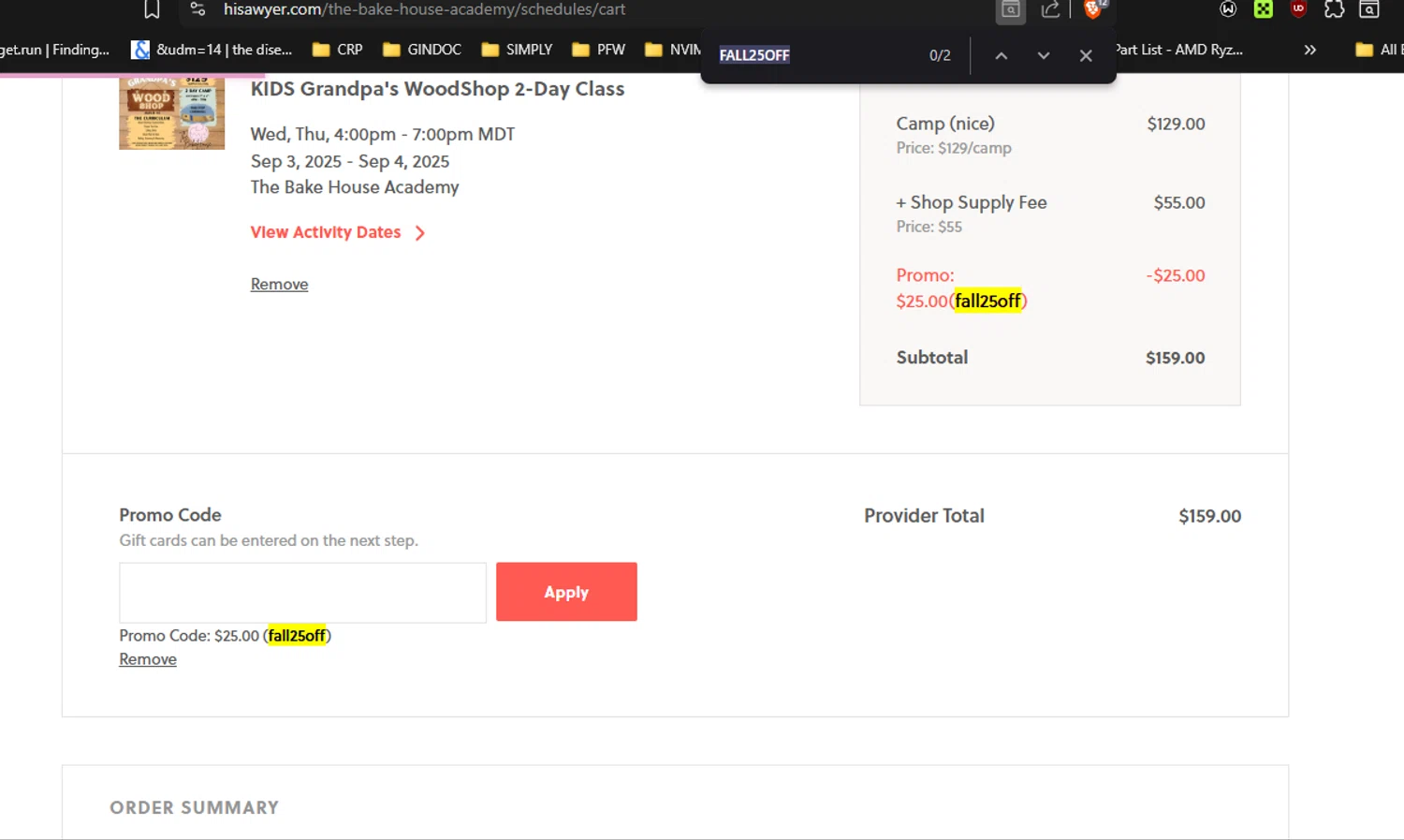 Sawyer Kids promo code screenshot showing code FALL25OFF applied at Sawyer Kids checkout page. Uploaded by SimplyCodes community member RickhiK on Sep 1, 2025