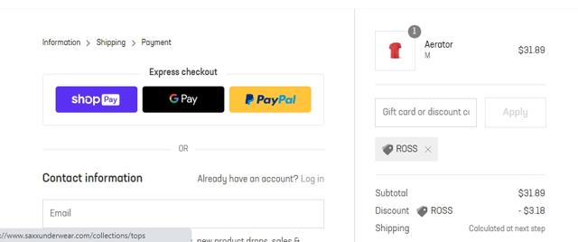 Saxx Underwear checkout page showing Saxx Underwear discount code box | Screenshot taken by SimplyCodes community member on Jun 15, 2020