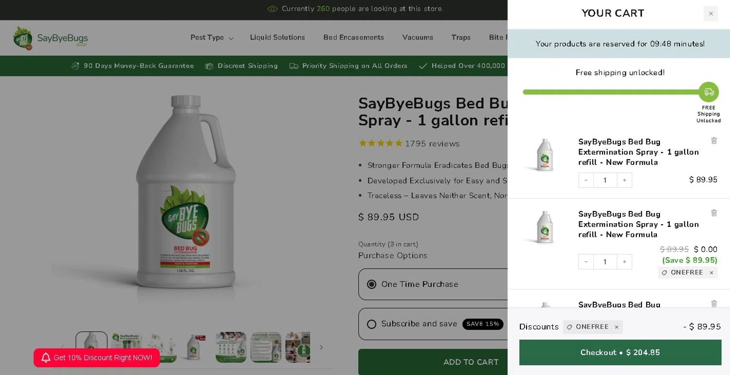 SayByeBugs promo code screenshot showing code ONEFREE applied at SayByeBugs checkout page. Uploaded by SimplyCodes community member LAMINEJAMAL on Jun 5, 2026