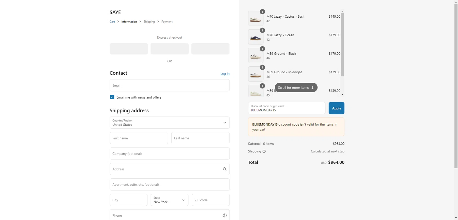 SAYE checkout page showing SAYE discount code box | Screenshot taken by SimplyCodes community member on Jul 1, 2025