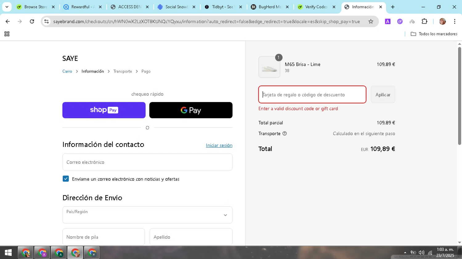 SAYE discount code screenshot showing code BLUEMONDAY15 applied at SAYE checkout page. Uploaded by SimplyCodes community member hectorpetit1 on Jul 23, 2025