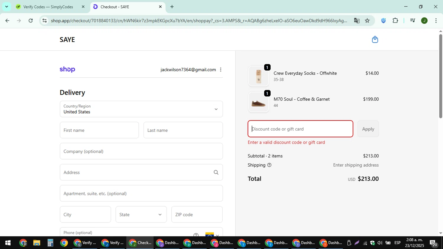SAYE discount code screenshot showing code EXPRESS25 applied at SAYE checkout page. Uploaded by SimplyCodes community member ShieldFinder369 on Dec 23, 2025