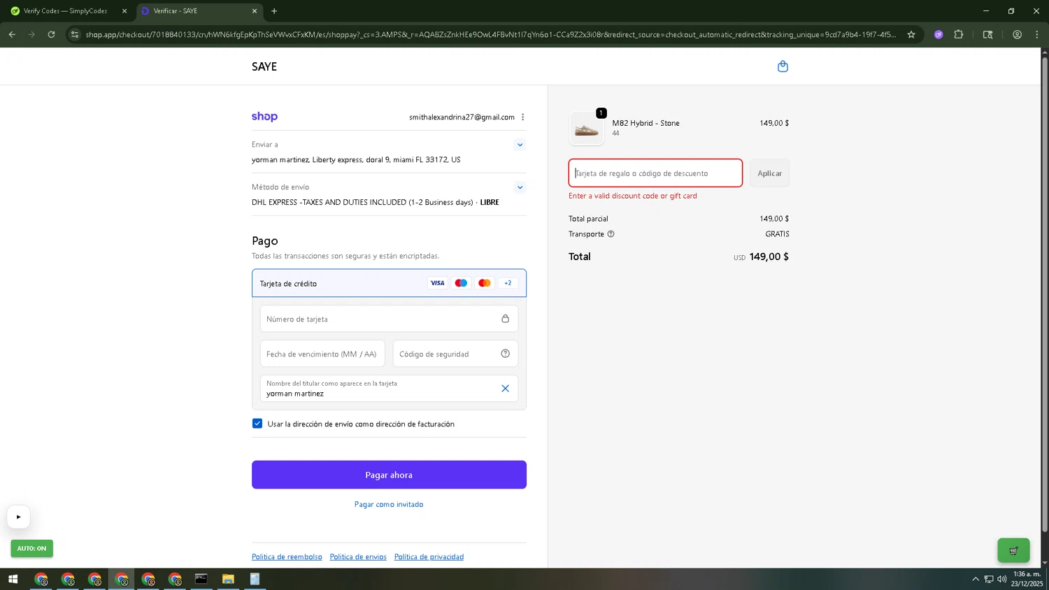 SAYE discount code screenshot showing code icon15 applied at SAYE checkout page. Uploaded by SimplyCodes community member SALCHICHA on Dec 23, 2025