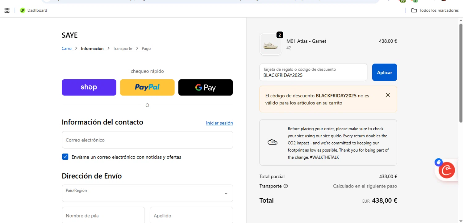 SAYE discount code screenshot showing code BLACKFRIDAY2025 applied at SAYE checkout page. Uploaded by SimplyCodes community member Speedy on Nov 6, 2025