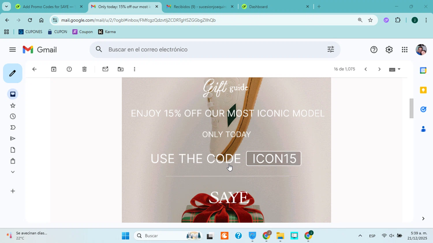 SAYE discount code screenshot showing code icon15 applied at SAYE checkout page. Uploaded by SimplyCodes community member jorgejavierherrera on Dec 21, 2025