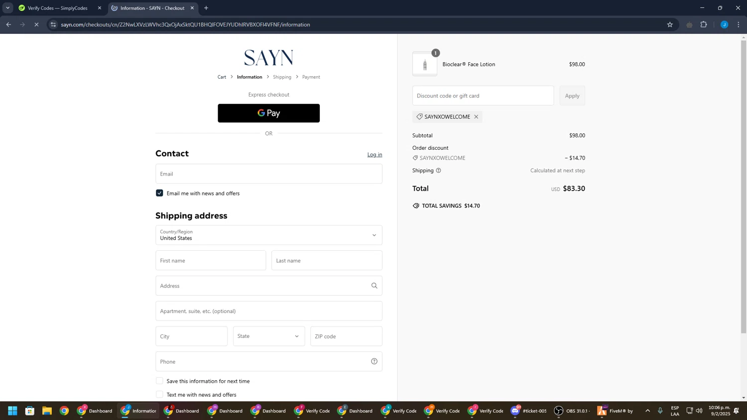 Sayn Beauty promo code screenshot showing code SAYNXOWELCOME applied at Sayn Beauty checkout page. Uploaded by SimplyCodes community member BargainGuardian280 on Feb 10, 2025