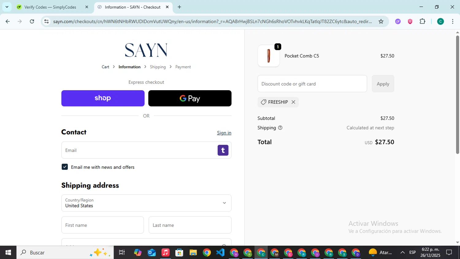 Sayn Beauty promo code screenshot showing code FREESHIP applied at Sayn Beauty checkout page. Uploaded by SimplyCodes community member BonusPilot927 on Dec 26, 2025