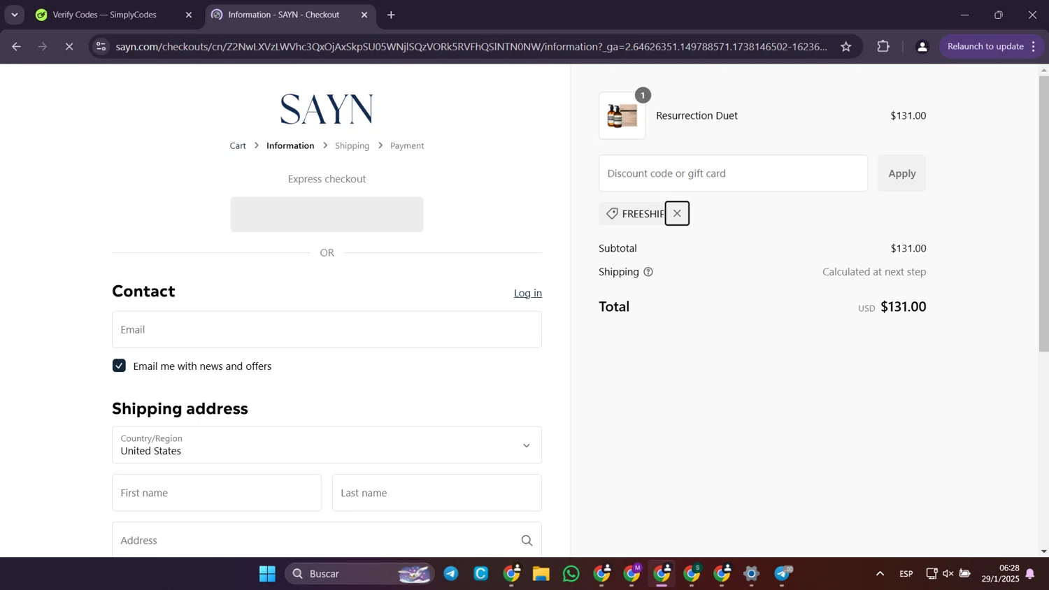 Sayn Beauty promo code screenshot showing code FREESHIP applied at Sayn Beauty checkout page. Uploaded by SimplyCodes community member Puppet on Jan 29, 2025