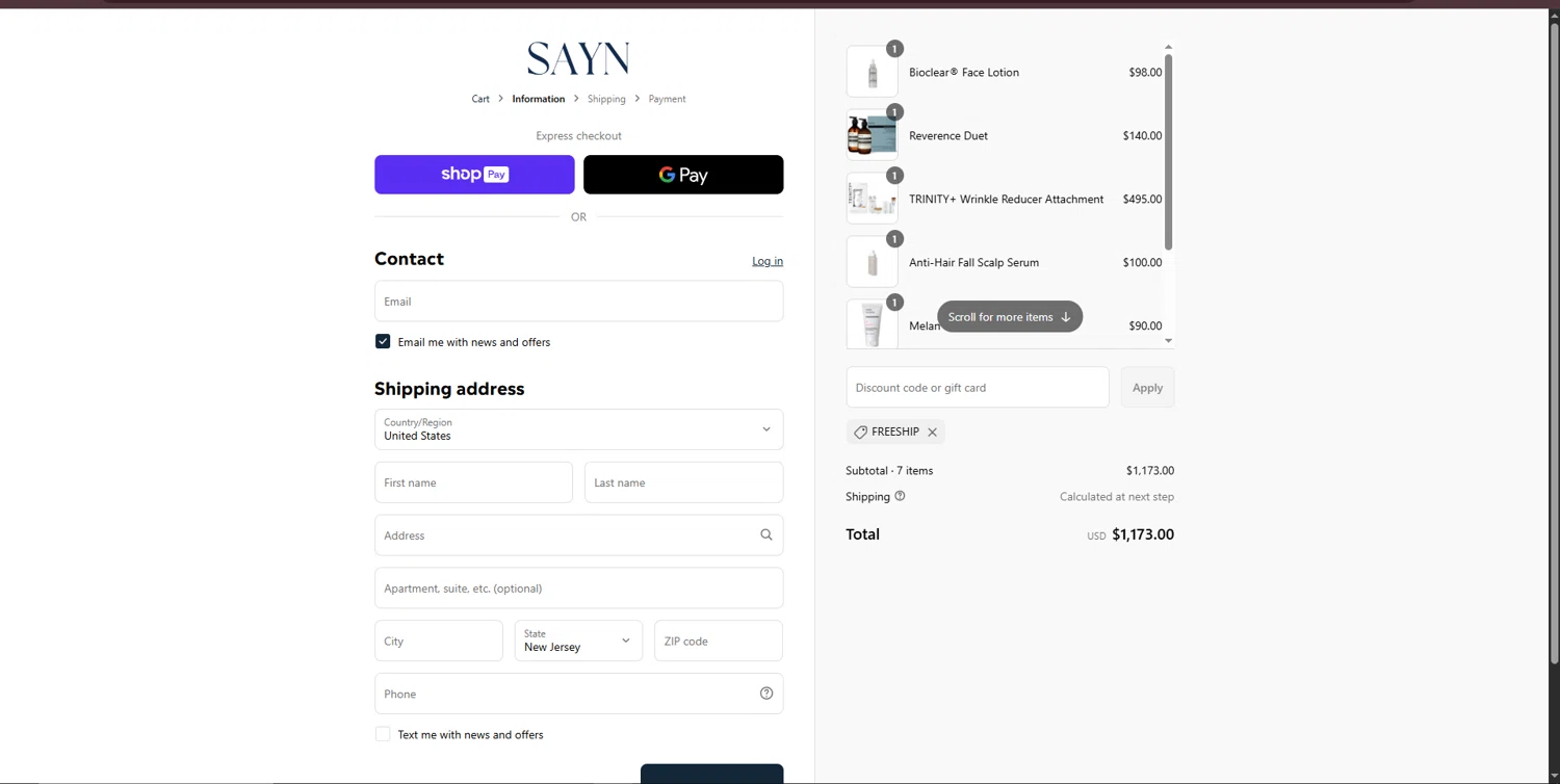 Sayn Beauty promo code screenshot showing code FREESHIP applied at Sayn Beauty checkout page. Uploaded by SimplyCodes community member RewardWarden8289 on Jul 26, 2025