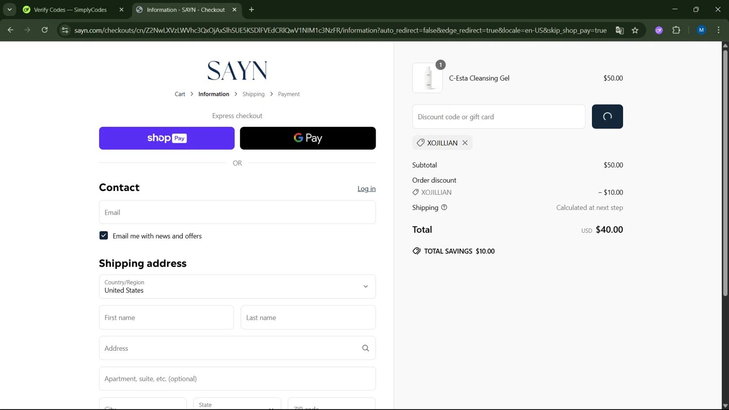 Sayn Beauty promo code screenshot showing code XOJILLIAN applied at Sayn Beauty checkout page. Uploaded by SimplyCodes community member ScanNavigator5190 on Jun 15, 2025