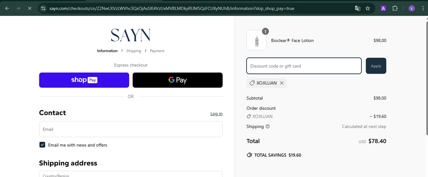 Sayn Beauty promo code screenshot showing code XOJILLIAN applied at Sayn Beauty checkout page. Uploaded by SimplyCodes community member SwiftLynx6587 on Mar 26, 2025