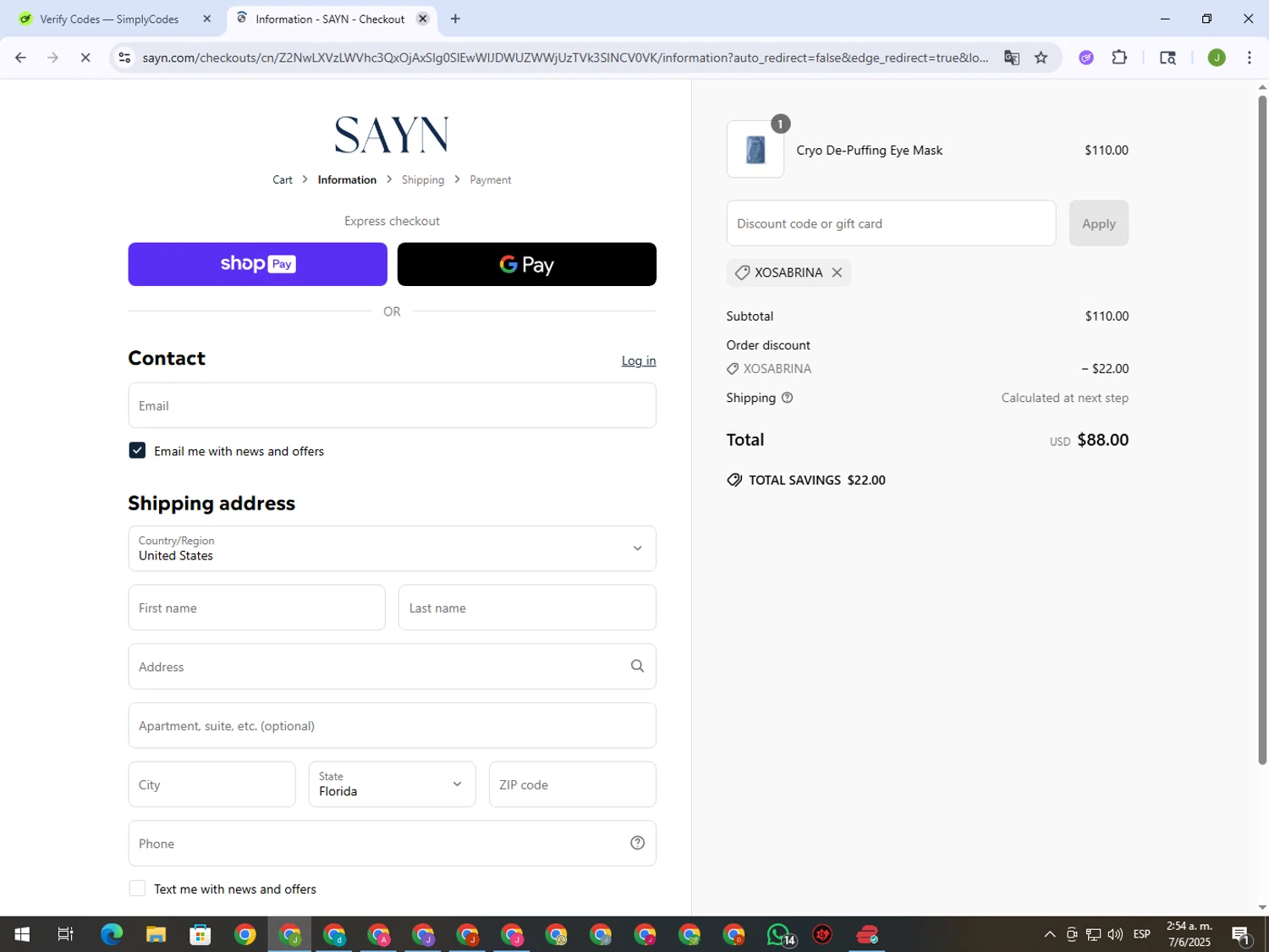 Sayn Beauty promo code screenshot showing code XOSABRINA applied at Sayn Beauty checkout page. Uploaded by SimplyCodes community member MightyFinder1041 on Jun 7, 2025