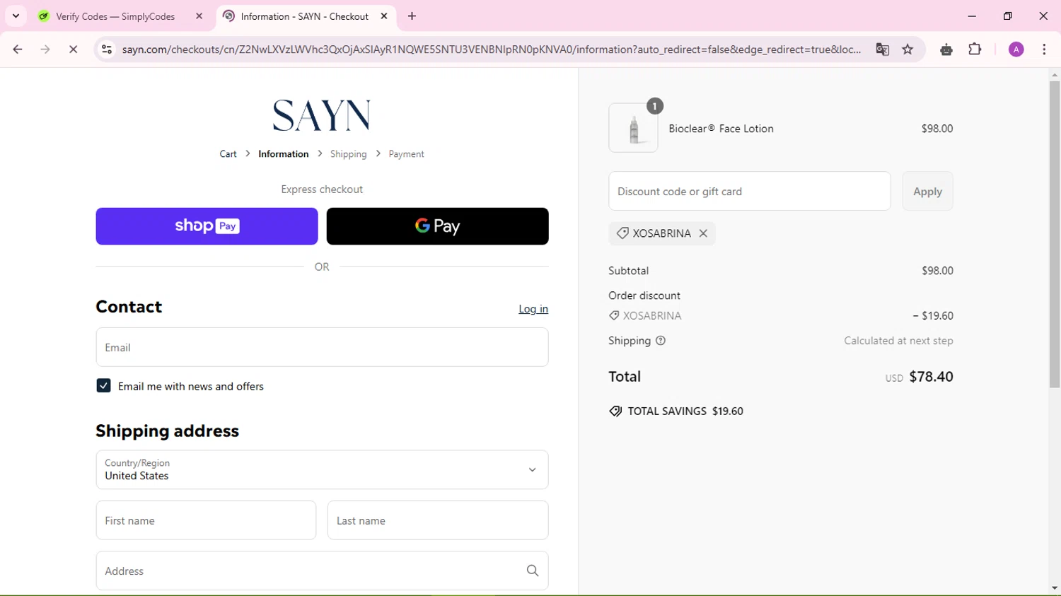 Sayn Beauty promo code screenshot showing code XOSABRINA applied at Sayn Beauty checkout page. Uploaded by SimplyCodes community member cuieoseva on Mar 11, 2025