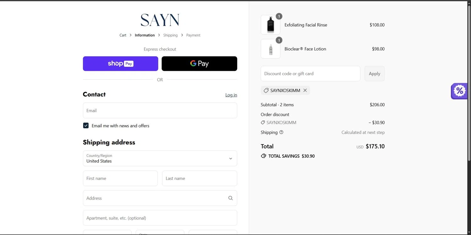 Sayn Beauty promo code screenshot showing code SAYNXOSKIMM applied at Sayn Beauty checkout page. Uploaded by SimplyCodes community member Depressive on Aug 22, 2025