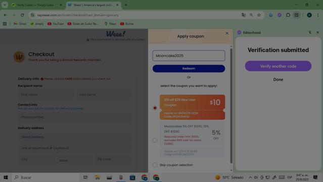 Saywee checkout page showing Saywee promo code box | Screenshot taken by SimplyCodes community member on Aug 25, 2025