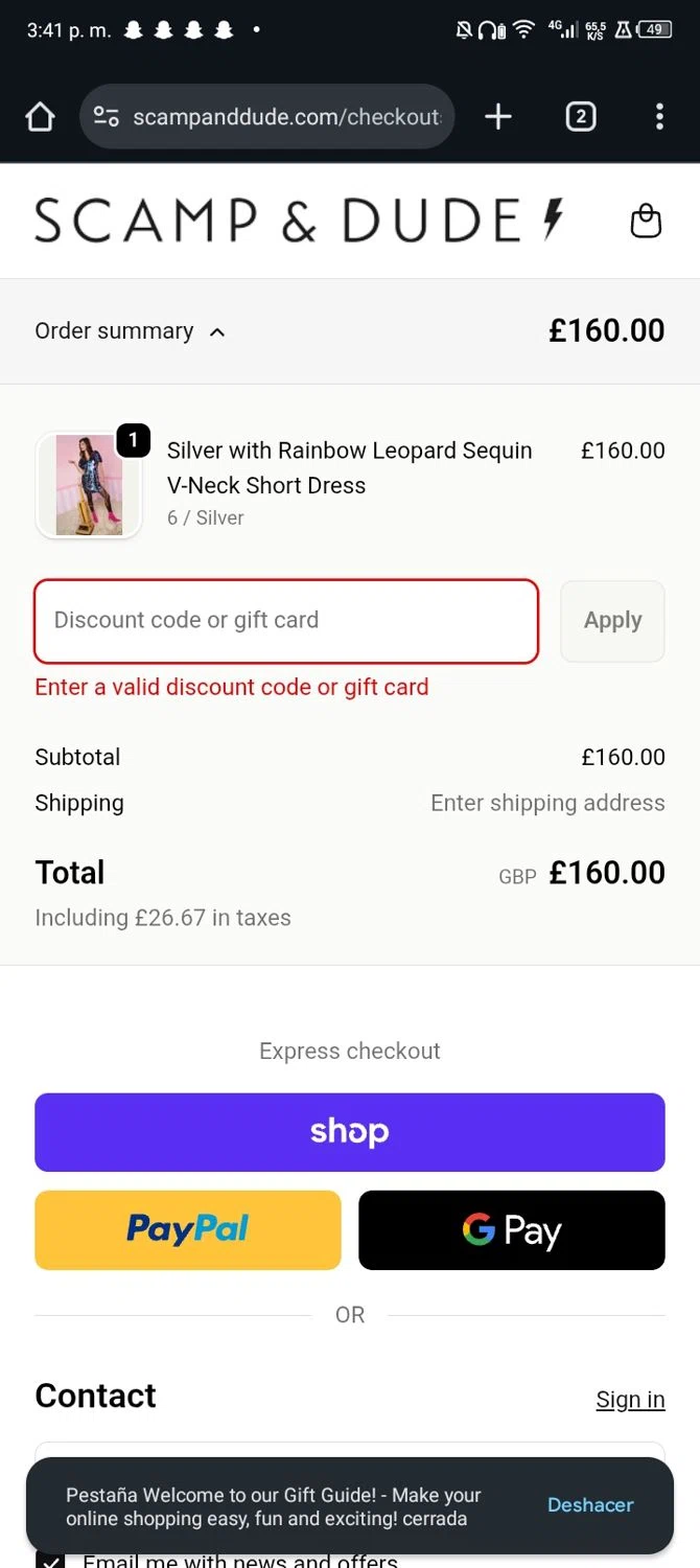 Scamp & Dude discount code screenshot showing code SPECIAL10 applied at Scamp & Dude checkout page. Uploaded by SimplyCodes community member Nickurtdale on Dec 1, 2025