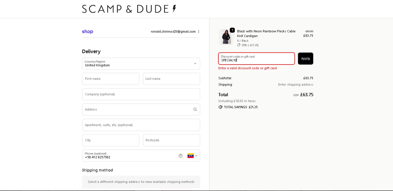 Scamp & Dude discount code screenshot showing code SPECIAL10 applied at Scamp & Dude checkout page. Uploaded by SimplyCodes community member PennySage5996 on Dec 1, 2025