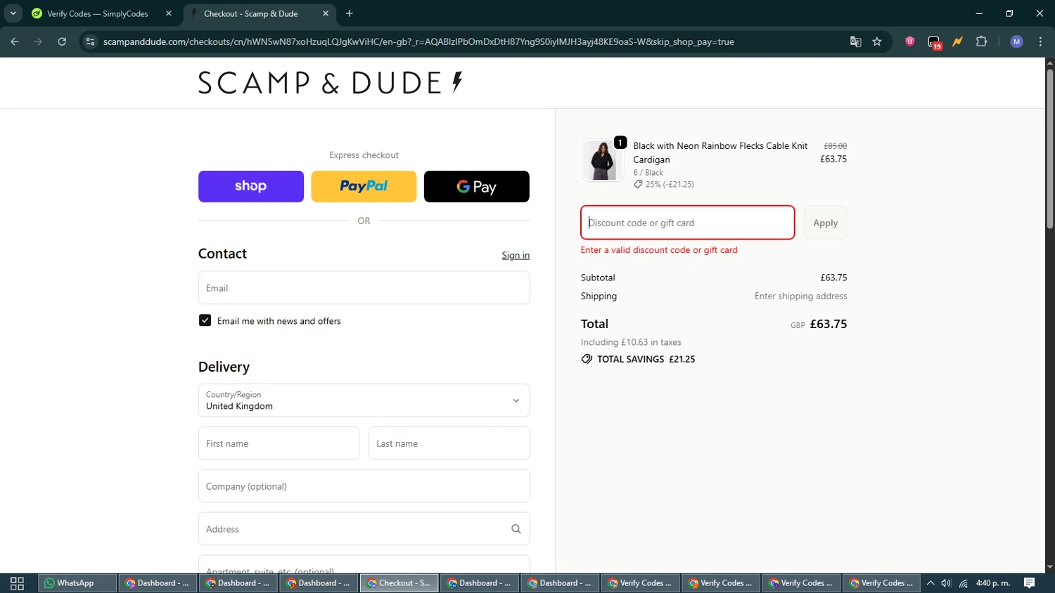Scamp & Dude discount code screenshot showing code SPECIAL10 applied at Scamp & Dude checkout page. Uploaded by SimplyCodes community member VoucherCurator824 on Dec 1, 2025