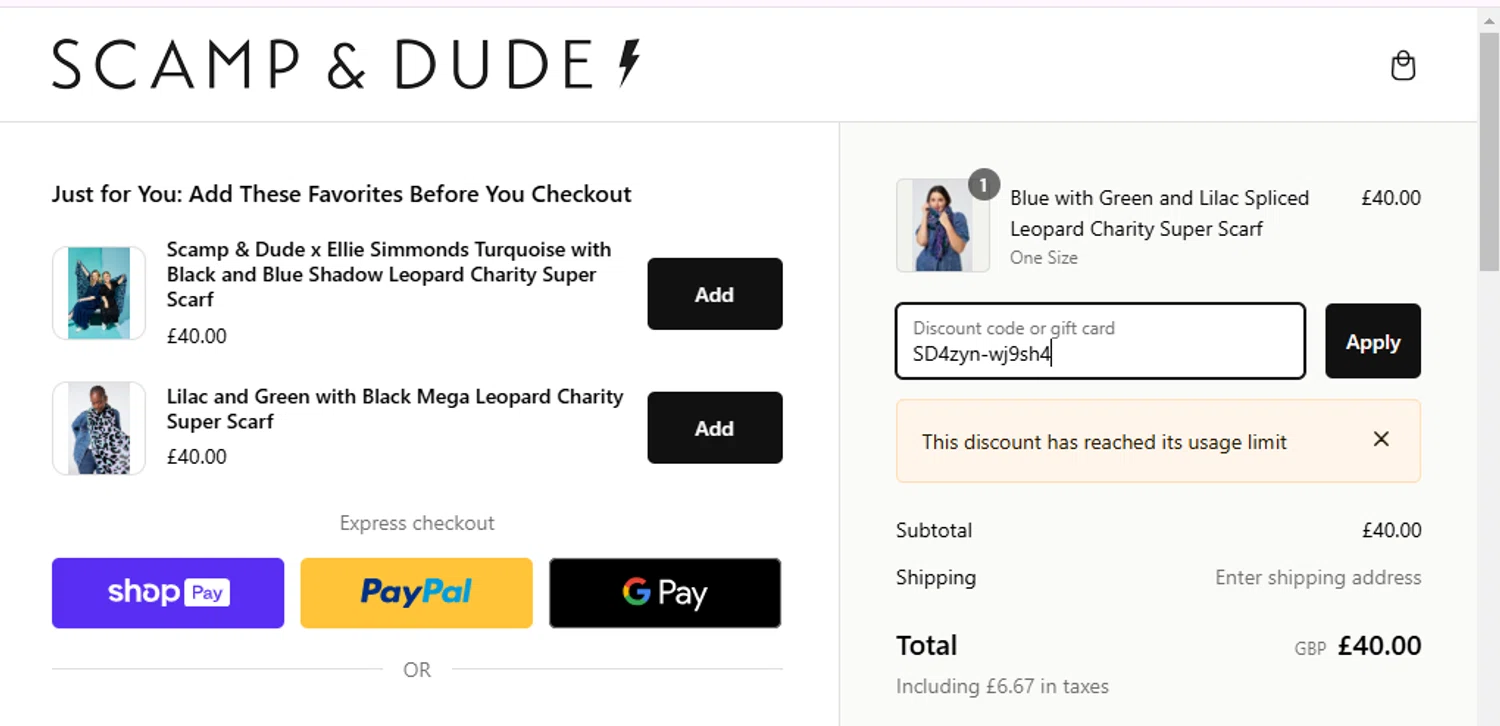 Scamp & Dude discount code screenshot showing code SD4zyn-wj9sh4 applied at Scamp & Dude checkout page. Uploaded by SimplyCodes community member Rojita18 on Jan 25, 2025