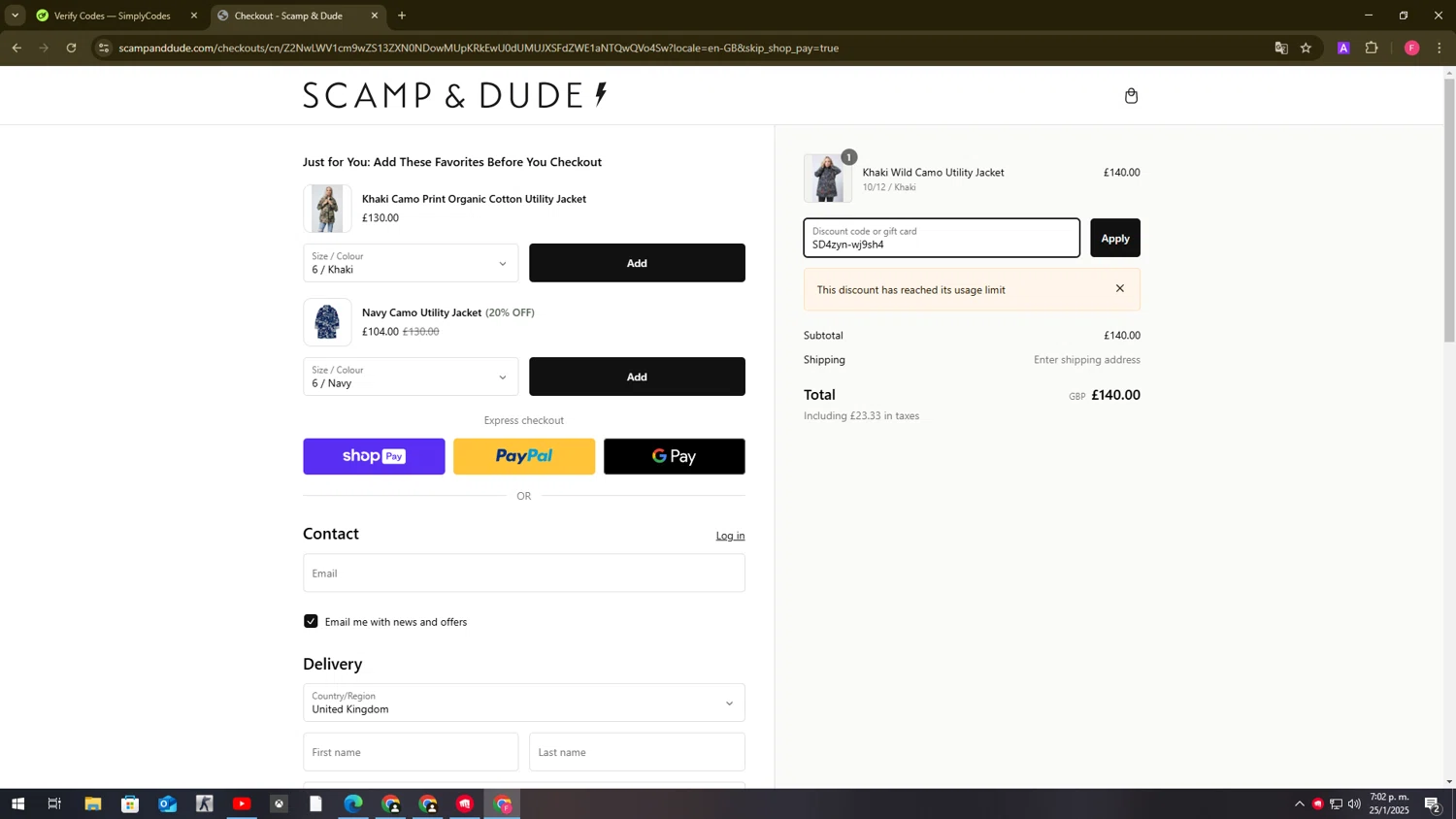 Scamp & Dude discount code screenshot showing code SD4zyn-wj9sh4 applied at Scamp & Dude checkout page. Uploaded by SimplyCodes community member FortunatePilot2384 on Jan 25, 2025