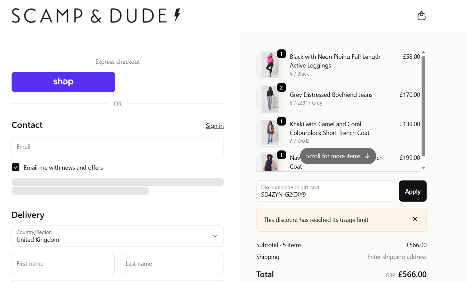 Scamp & Dude discount code screenshot showing code SD4ZYN-G2CXY9 applied at Scamp & Dude checkout page. Uploaded by SimplyCodes community member JasnibelEgu on Feb 20, 2026