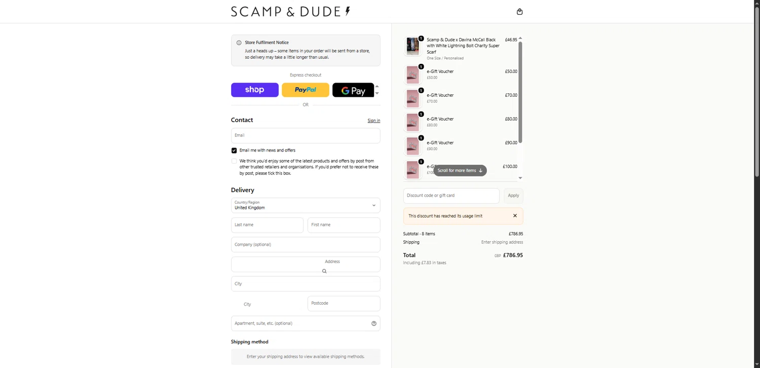 Scamp & Dude discount code screenshot showing code SD4ZYN-G2CXY9 applied at Scamp & Dude checkout page. Uploaded by SimplyCodes community member QuestLynx5304 on Feb 19, 2026