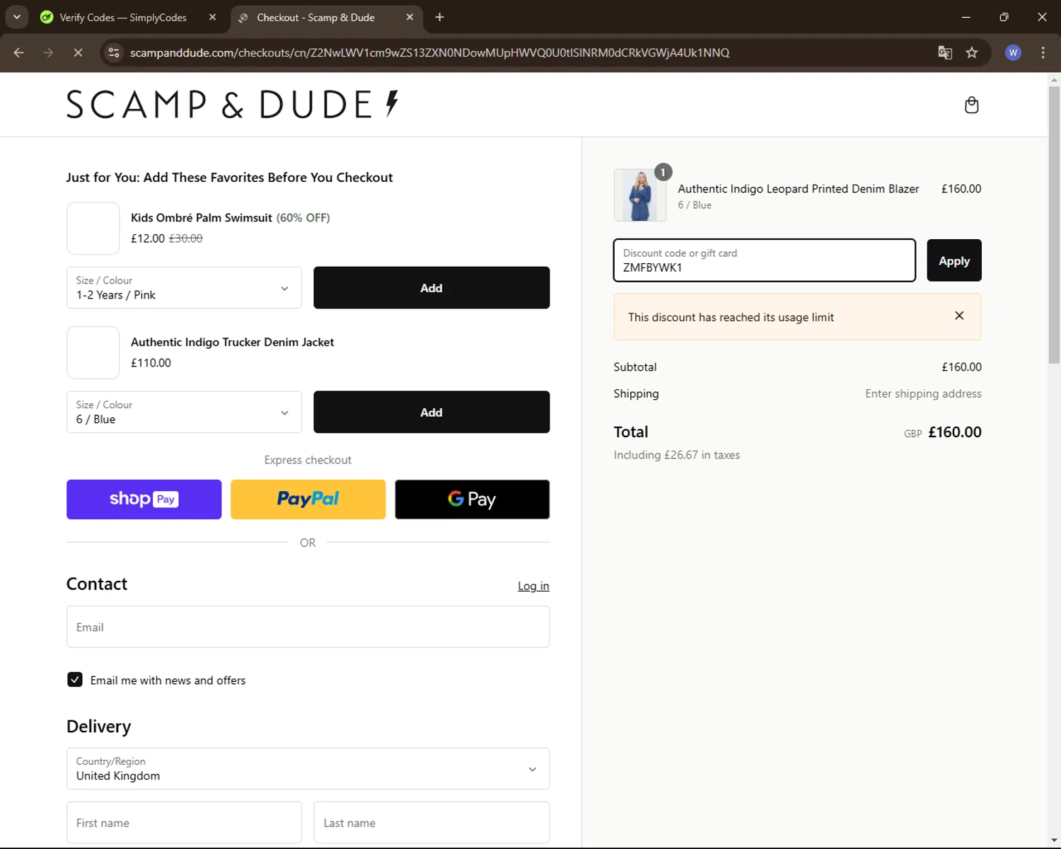 Scamp & Dude discount code screenshot showing code ZMFBYWK1 applied at Scamp & Dude checkout page. Uploaded by SimplyCodes community member VoucherElite7352 on Jan 6, 2025