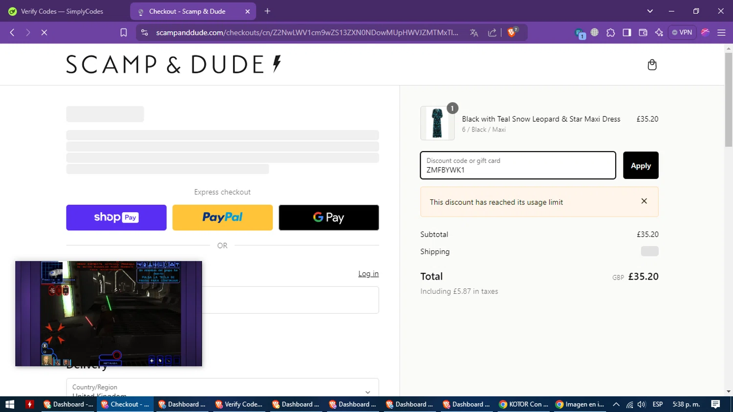 Scamp & Dude discount code screenshot showing code ZMFBYWK1 applied at Scamp & Dude checkout page. Uploaded by SimplyCodes community member CleverMaverick2546 on Jan 6, 2025